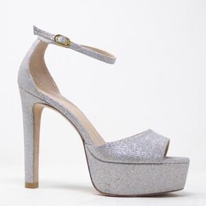 Stuart Weitzman Women Disco Platform Sandals Silver Glitter Ankle Strap Heel 8.5
